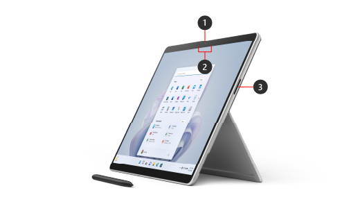 Surface Pro 9 labeled with 1: Windows Hello and front-facing camera, 2: Studio Mics, 3: Charging port